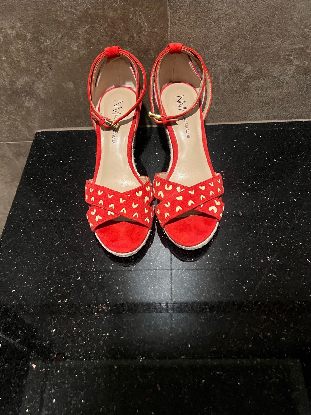 Neiman Marcus Red Open-Toe Ankle-Strap shoes with Gold Heart Studs